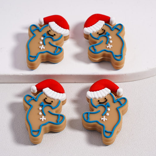 Silicone Focal Beads Cute Dancing Ginger Bread Man with Red Christmas Hat