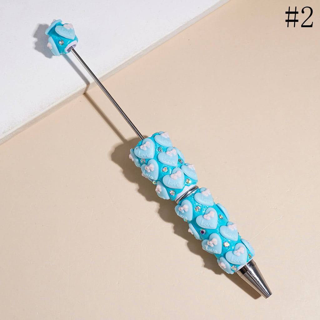 Beadable Clay Pens with Heart and Mini Bowtie, AB Rhinestones, Multi-Color