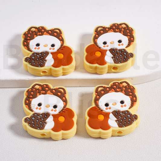 Silicone Focal Beads Cute Hello Kitt Holds Large Flower