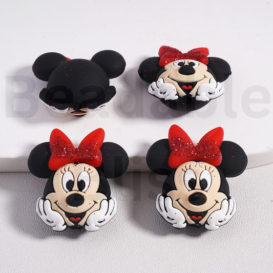Silicone Focal Beads 3D Cute Minni with Glitter Red Bow