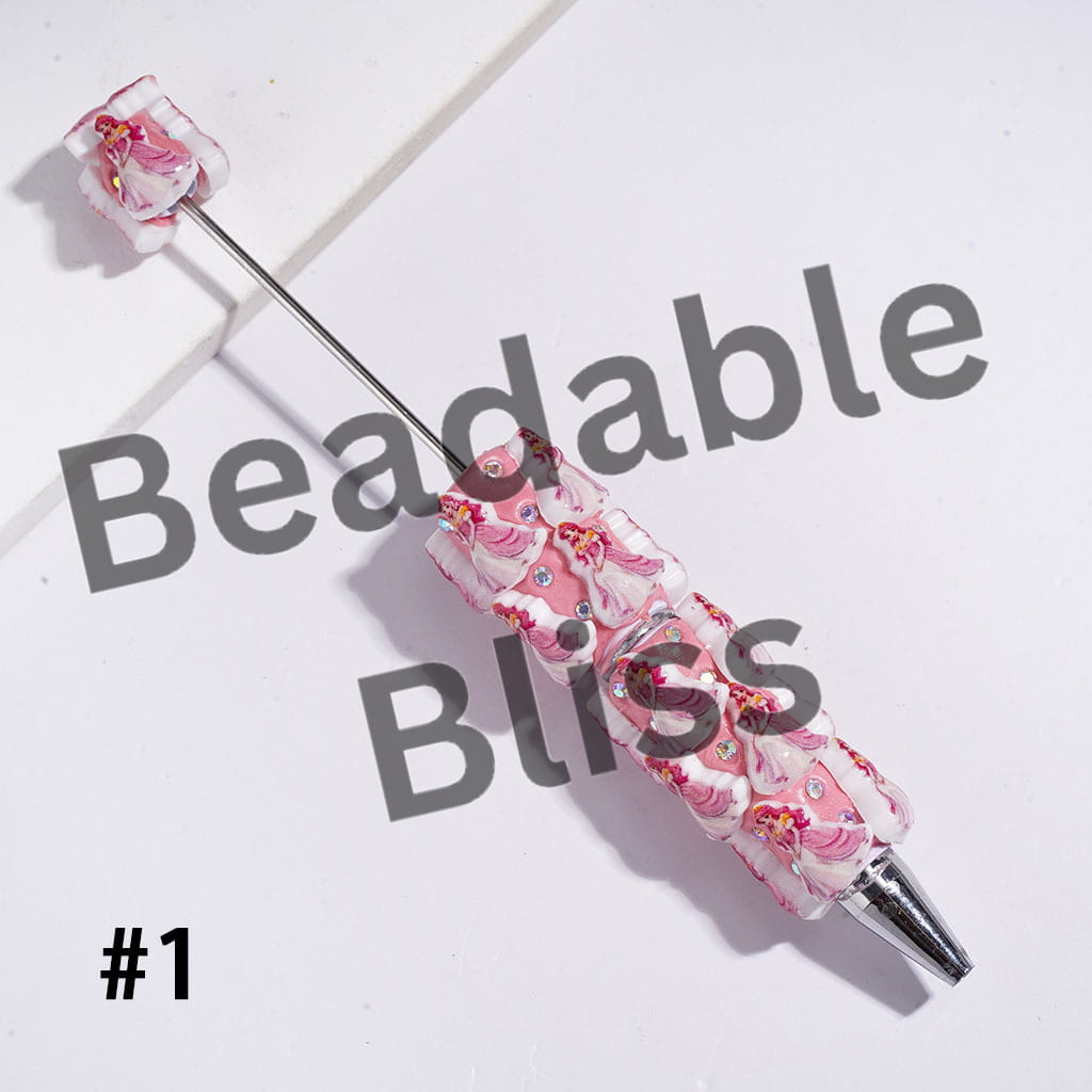 Beadable Clay Pens with Classic Animation Pretty Princess Character Theme, AB Rhinestones