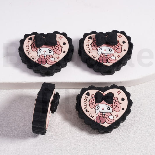 Silicone Focal Beads 3D Cute My Melod with Black Bow, Heart Shape
