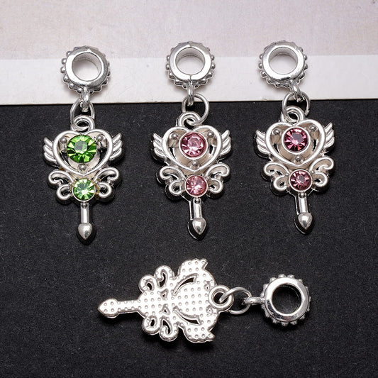 Silver Metal Beads Bail with Dangle Charm Pendant Jewelry Accessories Butterfly, Heart & Goddess of Love Arrow with Shiny Rhinestones, Random Mix