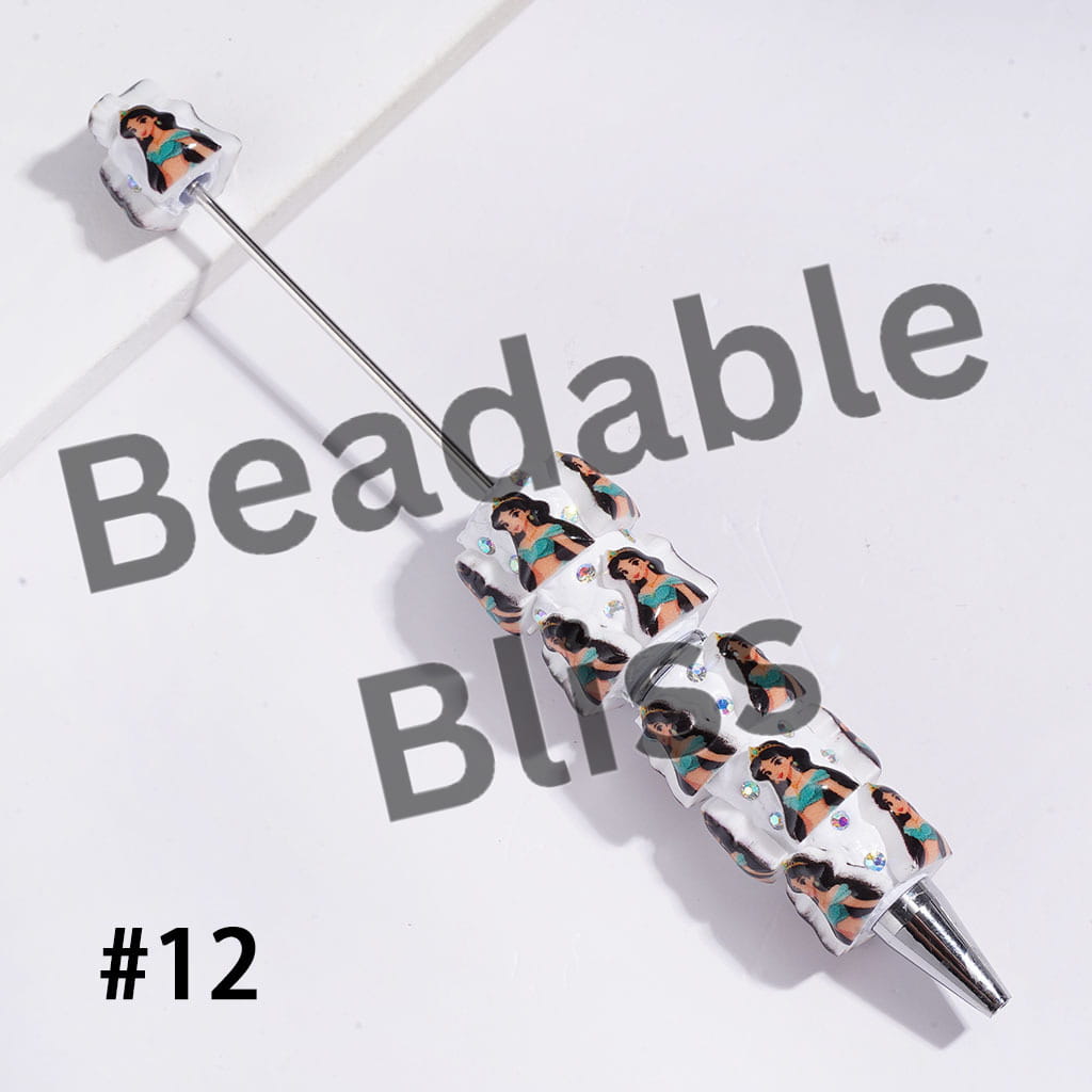 Beadable Clay Pens with Classic Animation Pretty Princess Character Theme, AB Rhinestones