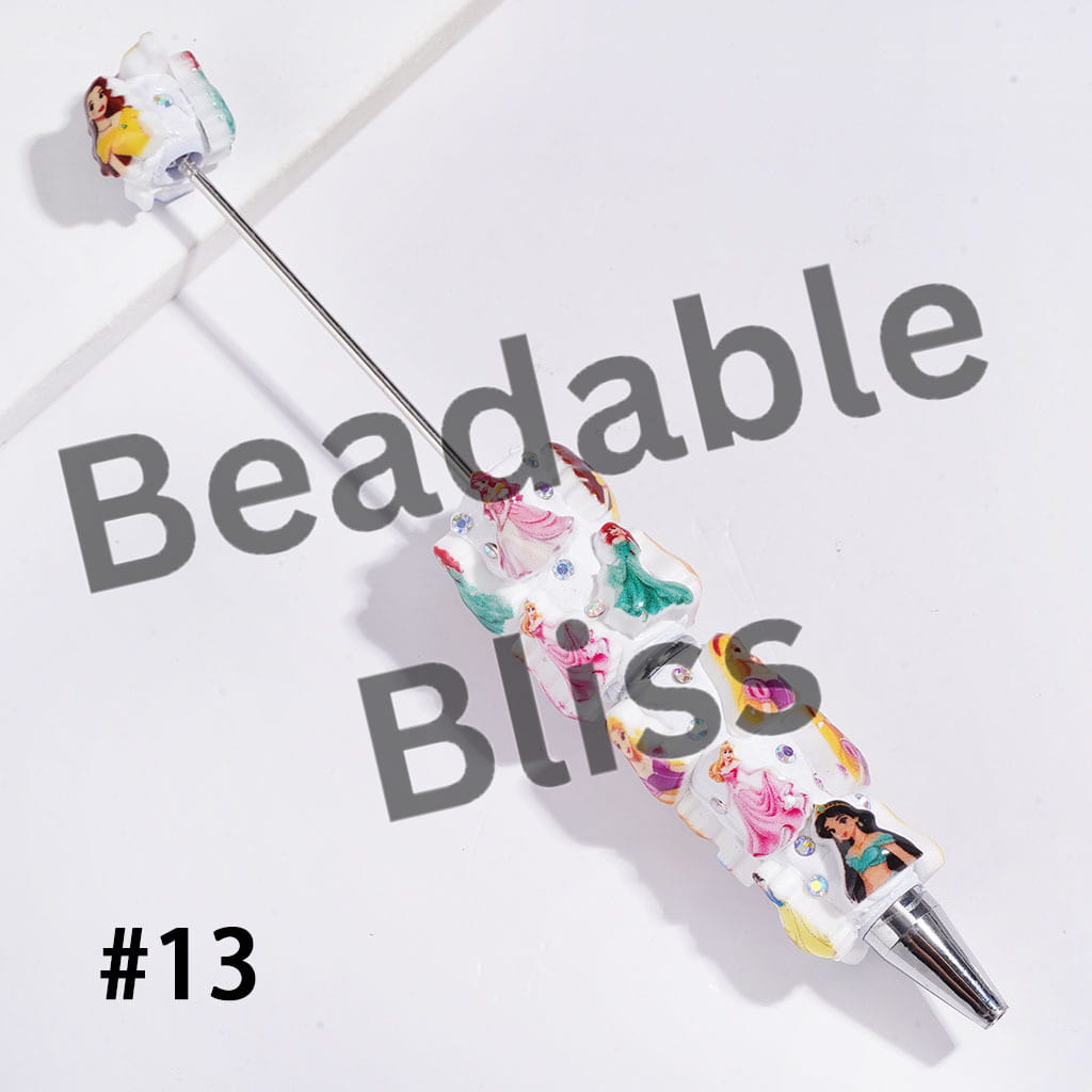 Beadable Clay Pens with Classic Animation Pretty Princess Character Theme, AB Rhinestones