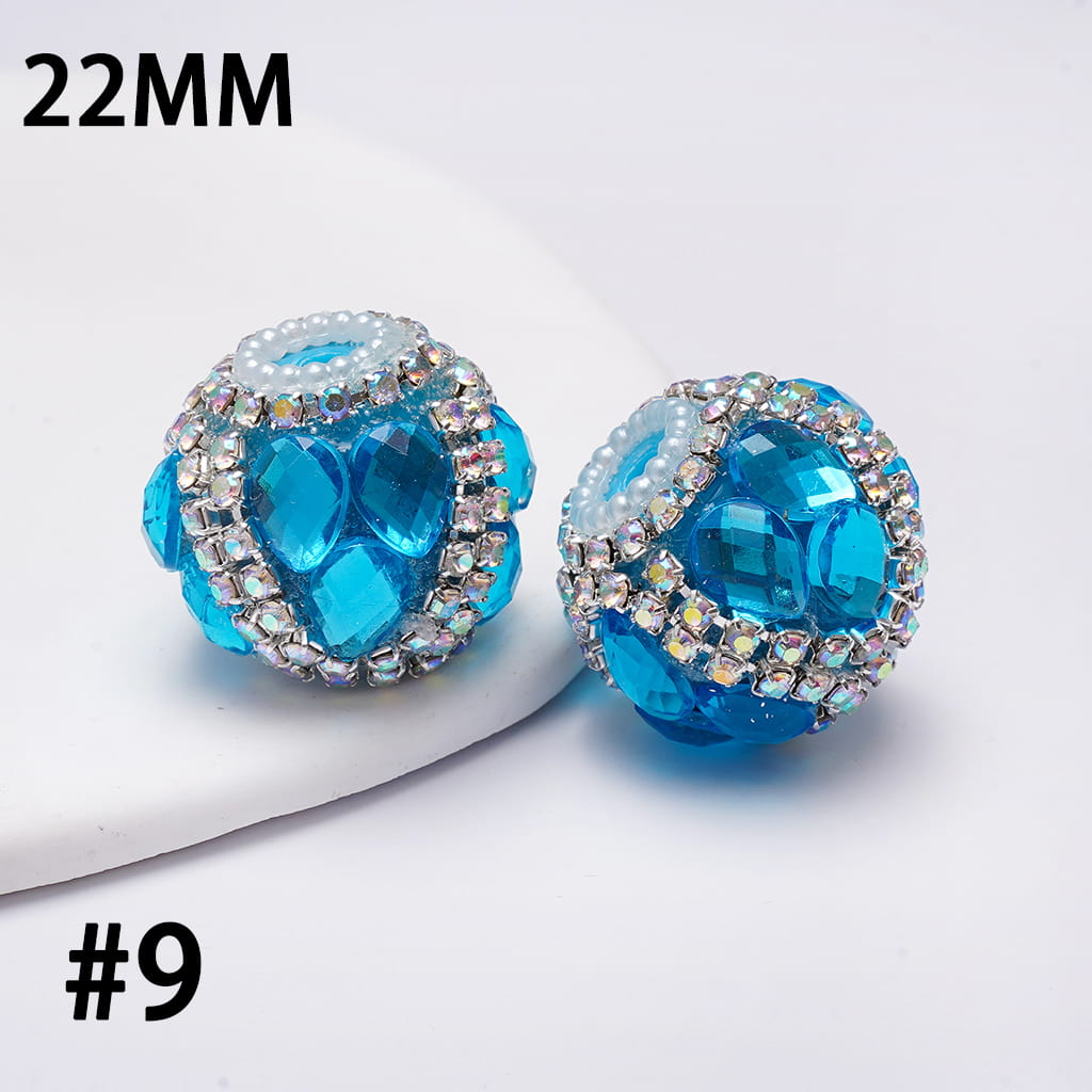 Handcrafted Acrylic Beads w Water Drop Rhinestones, AB Rhinestone and White Pearl Chains, 22MM, Multi-Colors