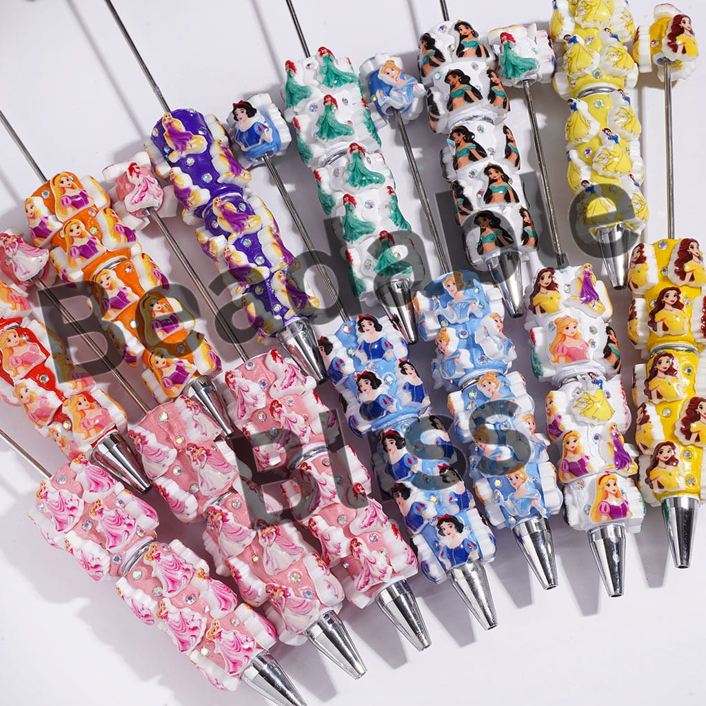 Beadable Clay Pens with Classic Animation Pretty Princess Character Theme, AB Rhinestones