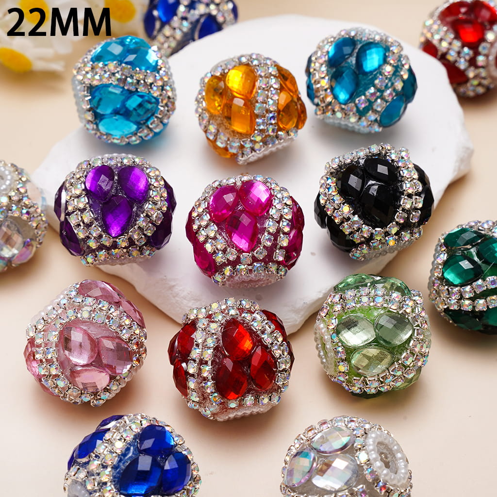 Handcrafted Acrylic Beads w Water Drop Rhinestones, AB Rhinestone and White Pearl Chains, 22MM, Multi-Colors