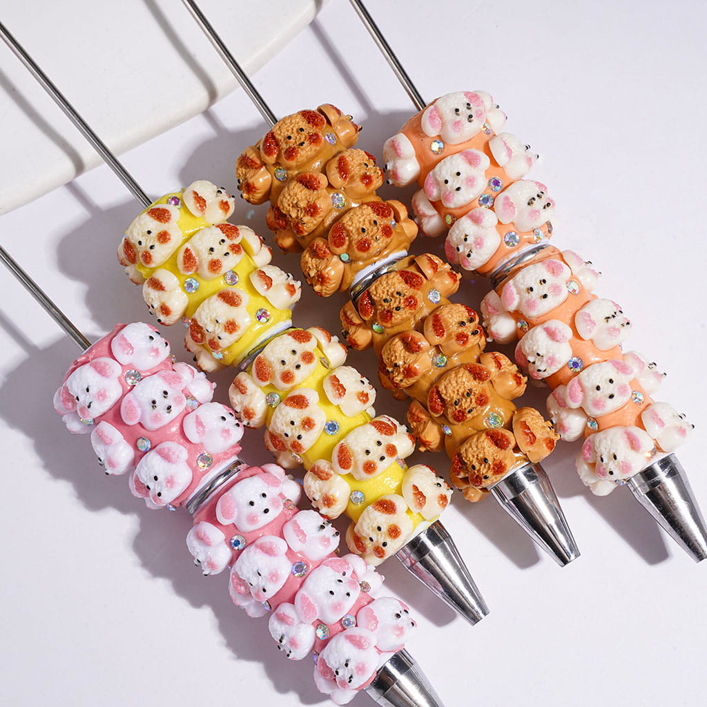 Beadable Clay Pens with Matte Texture Cute Dog and AB Rhinestones, Multi-Color
