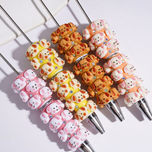 Beadable Clay Pens with Matte Texture Cute Dog and AB Rhinestones, Multi-Color