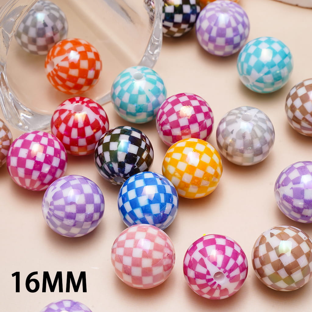 Acrylic Beads for Bracelets UV Coating Checkered Patterns, 16MM, Various Colors, Random Mix