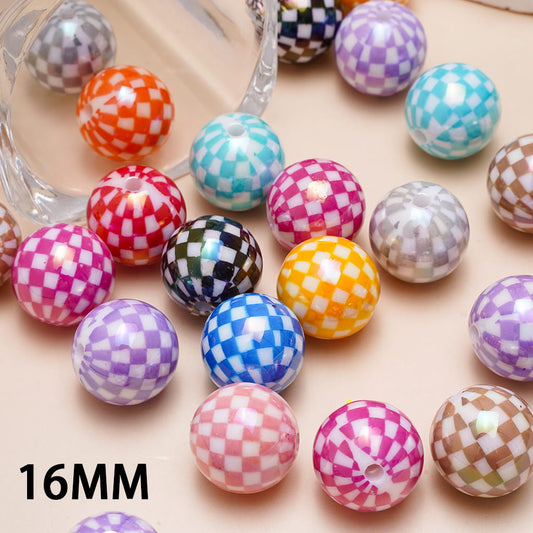 Acrylic Beads for Bracelets UV Coating Checkered Patterns, 16MM, Various Colors, Random Mix