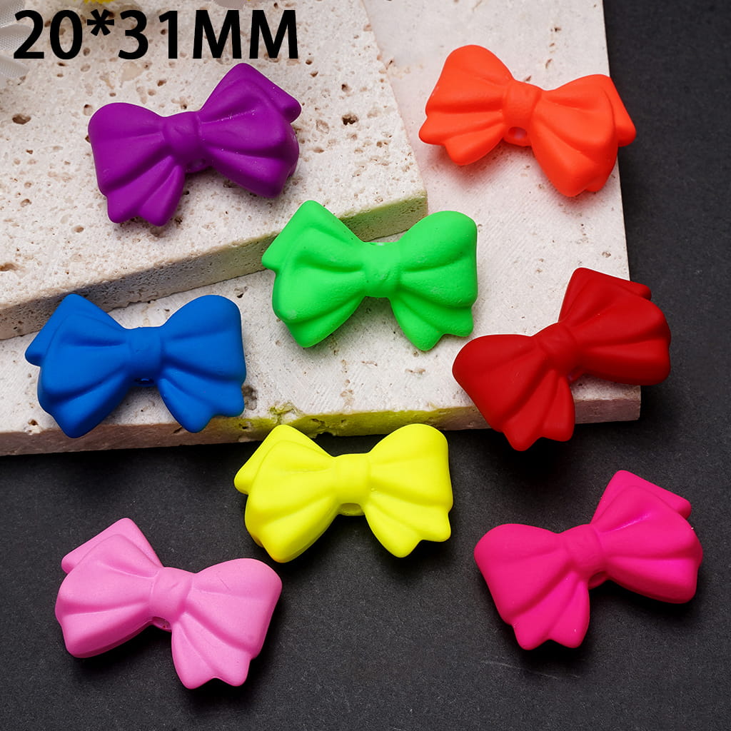 Acrylic Beads Matte Rubber Touch Bowtie in Double Layer, Fluorescent Colors, 20*31MM, Random Mix