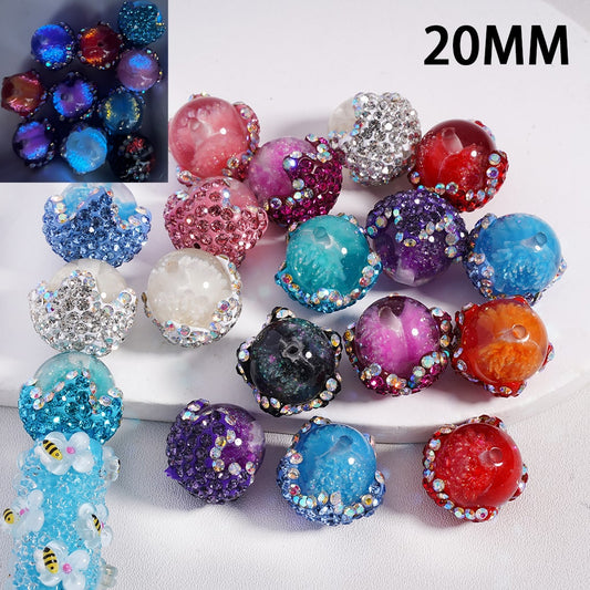 Clay Flower with Shiny Rhinestones Luminous Clear Round Acrylic Beads Glitter Flower Inside, 20MM, Random Mix
