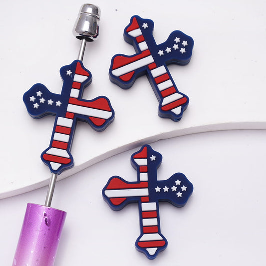 Cross Silicone Focal Beads with American Flag and Orange Purple Stripes Stars