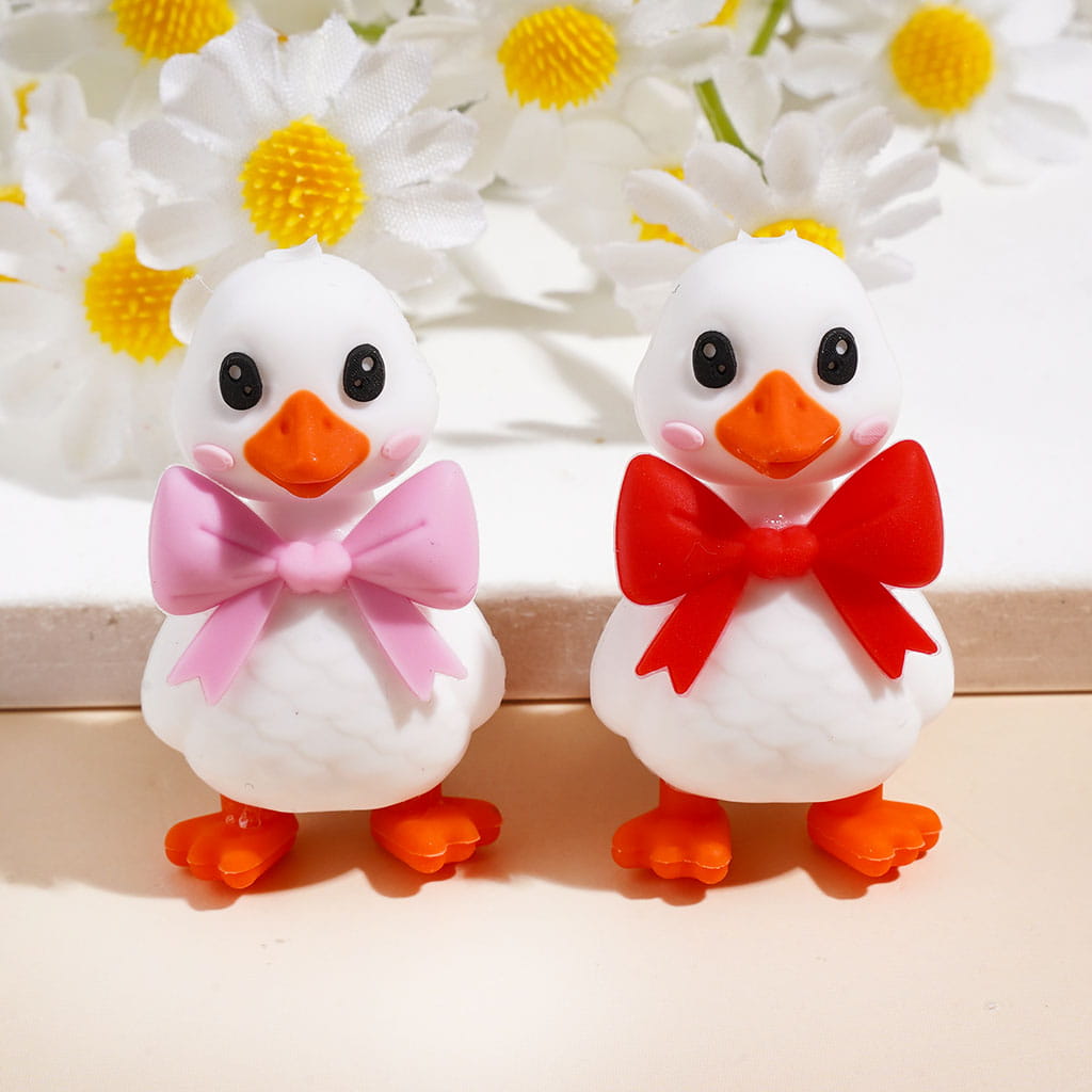 3D Silicone Focal Beads Cute Duck with Red and Pink Bowtie
