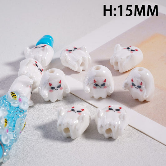 Acrylic Beads Cute Mini Angry Ghost Halloween, White, 15MM Height