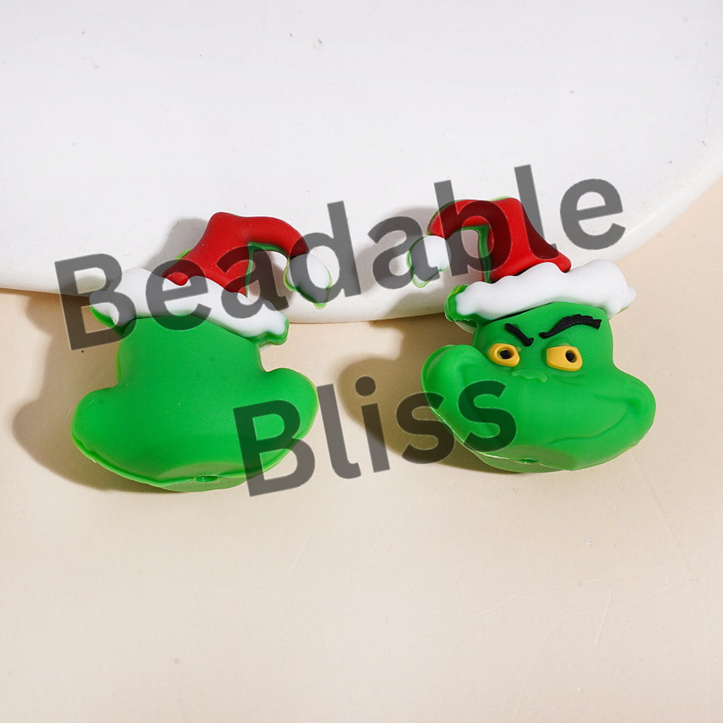 3D Green Character Wearing Christmas Hat Silicone Focal Beads, Multi-Color