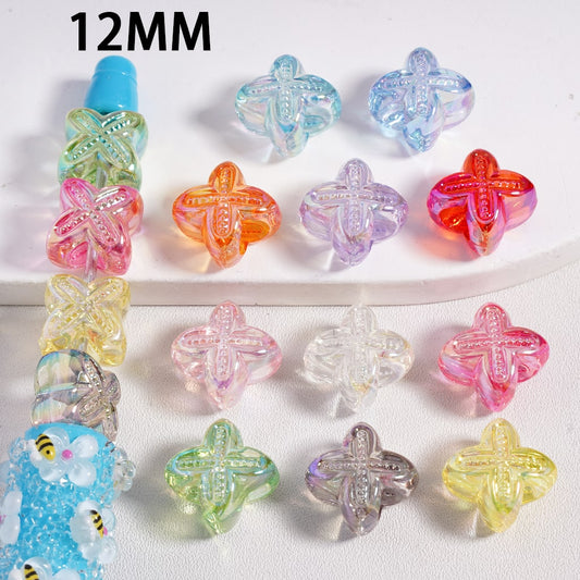 Acrylic Beads UV Coating Cute Four Leaf Clover Flower with Large Hole, Translucent Color, 12MM, Random Mix