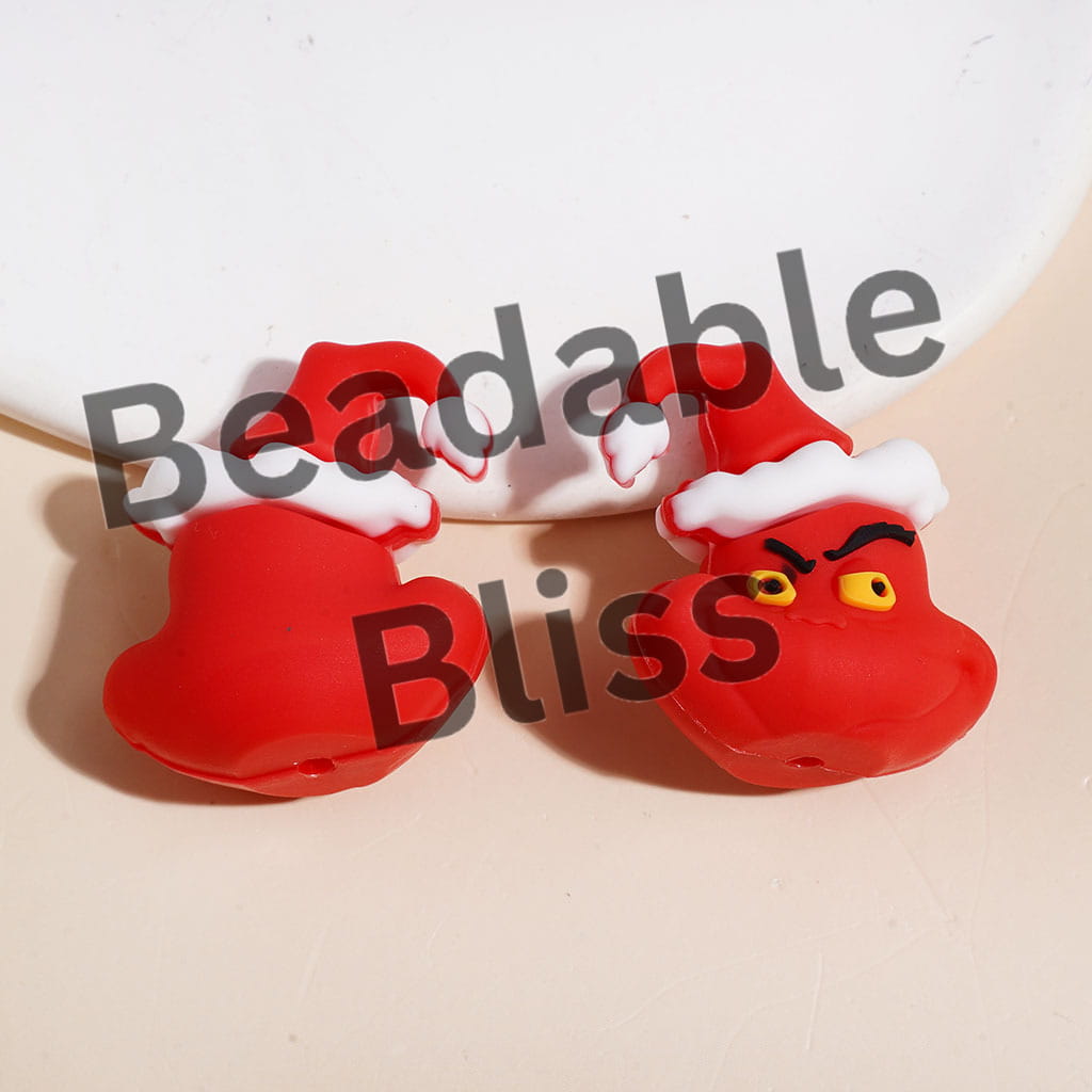 3D Green Character Wearing Christmas Hat Silicone Focal Beads, Multi-Color