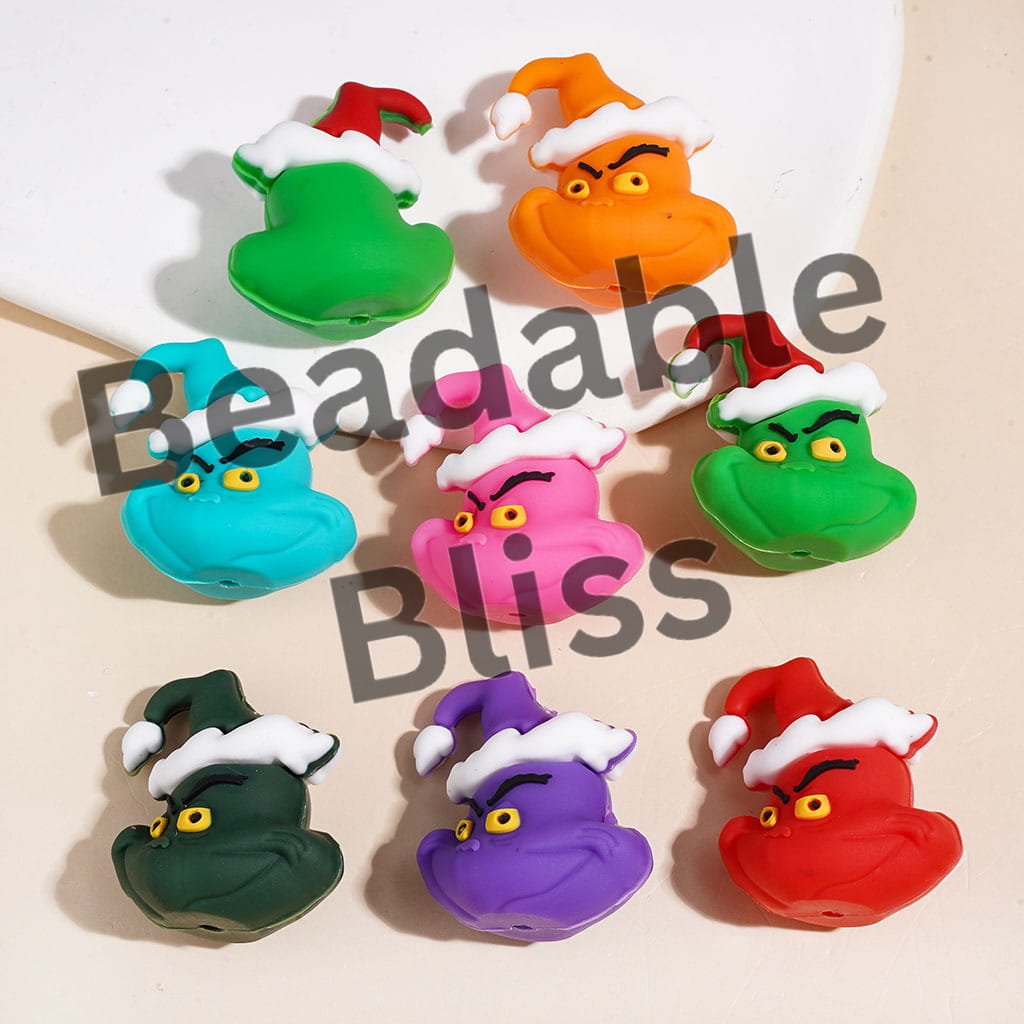 3D Green Character Wearing Christmas Hat Silicone Focal Beads, Multi-Color
