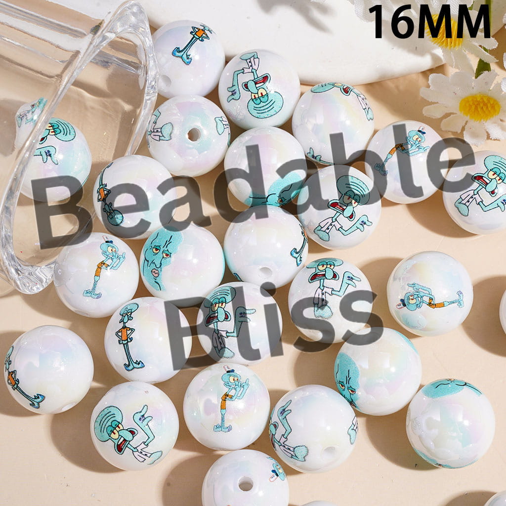 UV Coating Acrylic Beads for Bracelets Gloomy Octopus Character in Various Style, 16MM, Random Mix