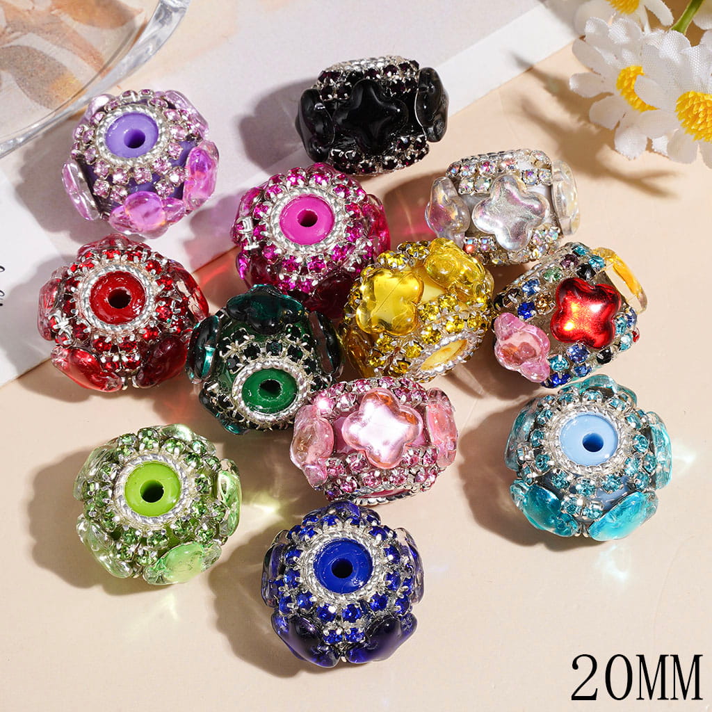 Handmade Acrylic Beads w Four-Petaled Flower Shaped & Rhinestone Chains, Silver Metal Circle, 20MM Random Mix Multi-Color