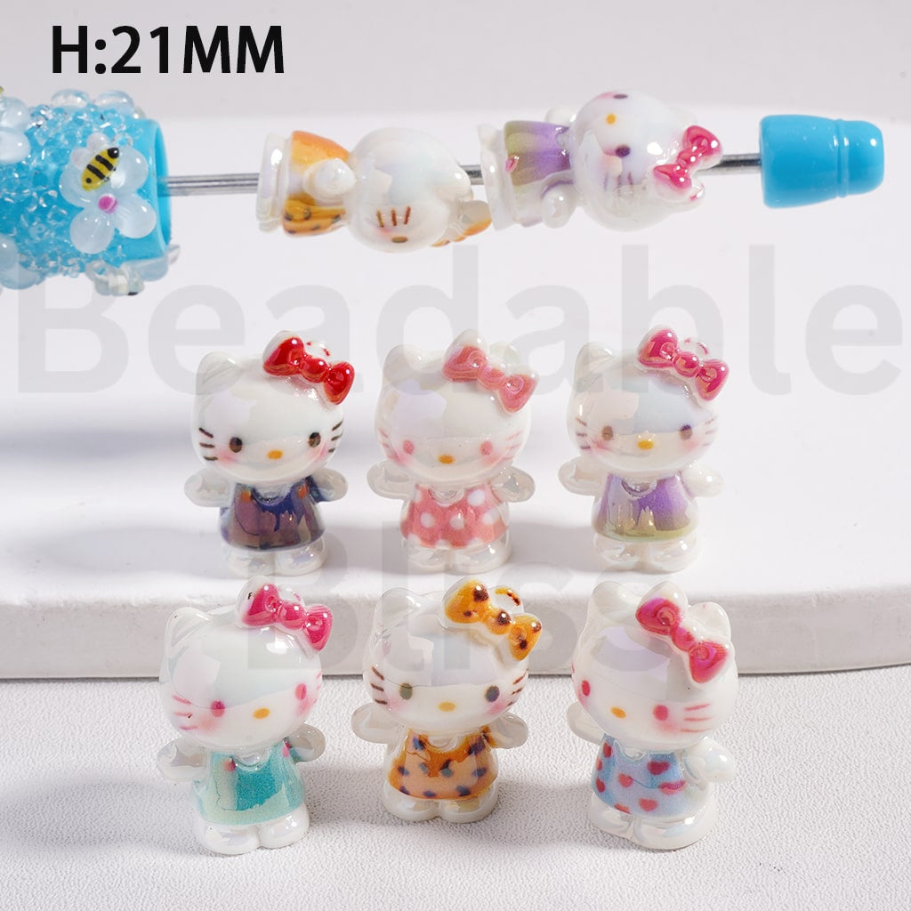 Acrylic Beads UV Coating Cute Hello Kitt with Bow in Different Costume, 21MM Height, Random Mix