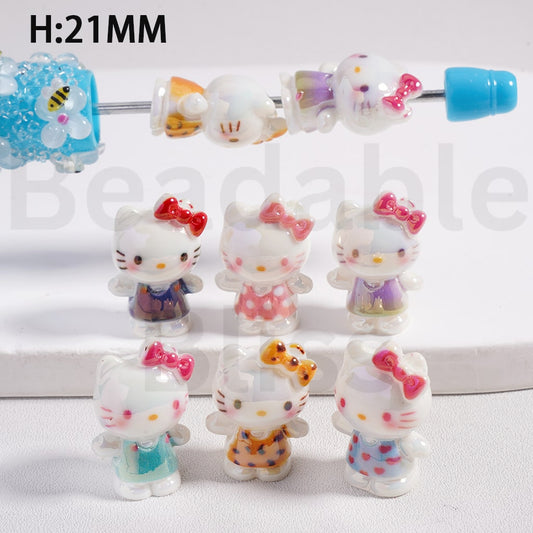 Acrylic Beads UV Coating Cute Hello Kitt with Bow in Different Costume, 21MM Height, Random Mix