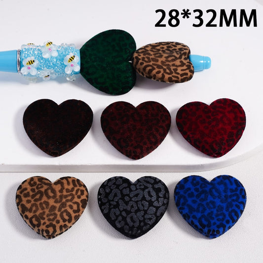 Acrylic Beads Cute Flocked Fluffy Jaguar Printed Heart, 28*32MM, Random Mix
