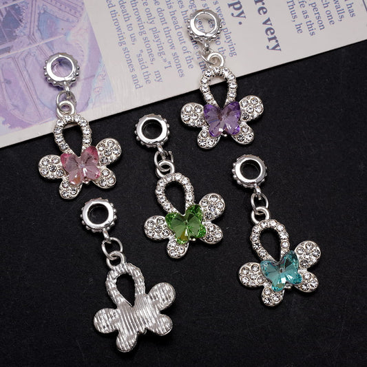 Silver Metal Bail Beads Dangle Charms Lucky Four Leaf Clover with Butterfly & Clear Rhinestones, Ornament Accessories, Random Mix