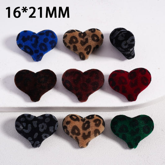 Acrylic Beads Cute Flocked Fluffy Jaguar Printed Peach Heart, 16*21MM (Can't be Used to the Pen), Random Mix