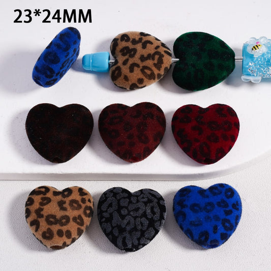 Acrylic Beads Cute Flocked Fluffy Jaguar Printed Heart, 23*24MM, Random Mix