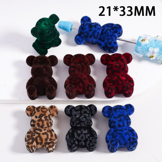 Acrylic Beads Cute Flocked Fluffy Jaguar Printed Bearbric, 21*33MM, Random Mix