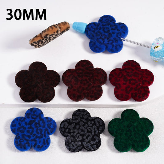 Acrylic Beads Cute Flocked Fluffy Jaguar Printed Plum Blossom Flower, 30MM, Random Mix