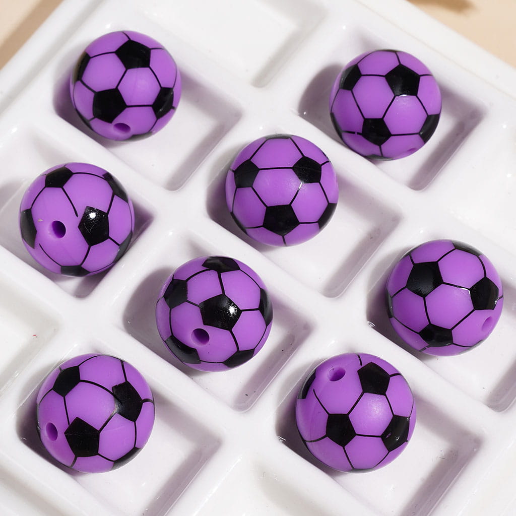 15MM - Printed Silicone Beads Soccer Ball Football Sports Theme, Multi-Color