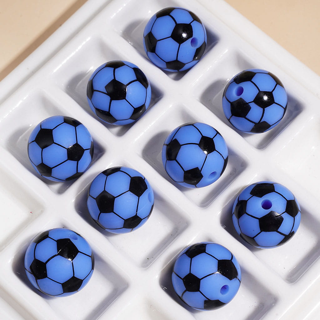 15MM - Printed Silicone Beads Soccer Ball Football Sports Theme, Multi-Color