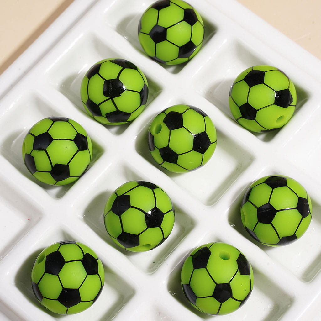 15MM - Printed Silicone Beads Soccer Ball Football Sports Theme, Multi-Color