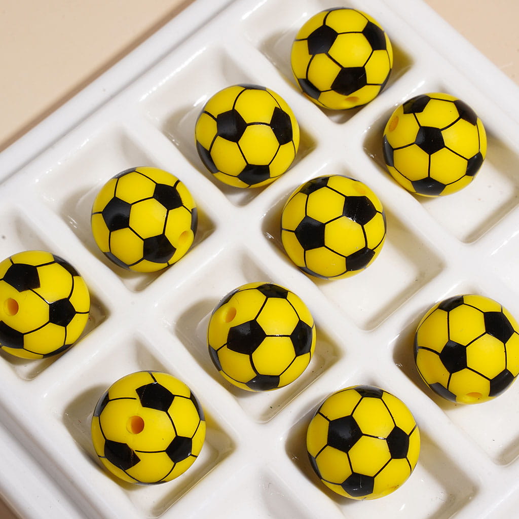 15MM - Printed Silicone Beads Soccer Ball Football Sports Theme, Multi-Color