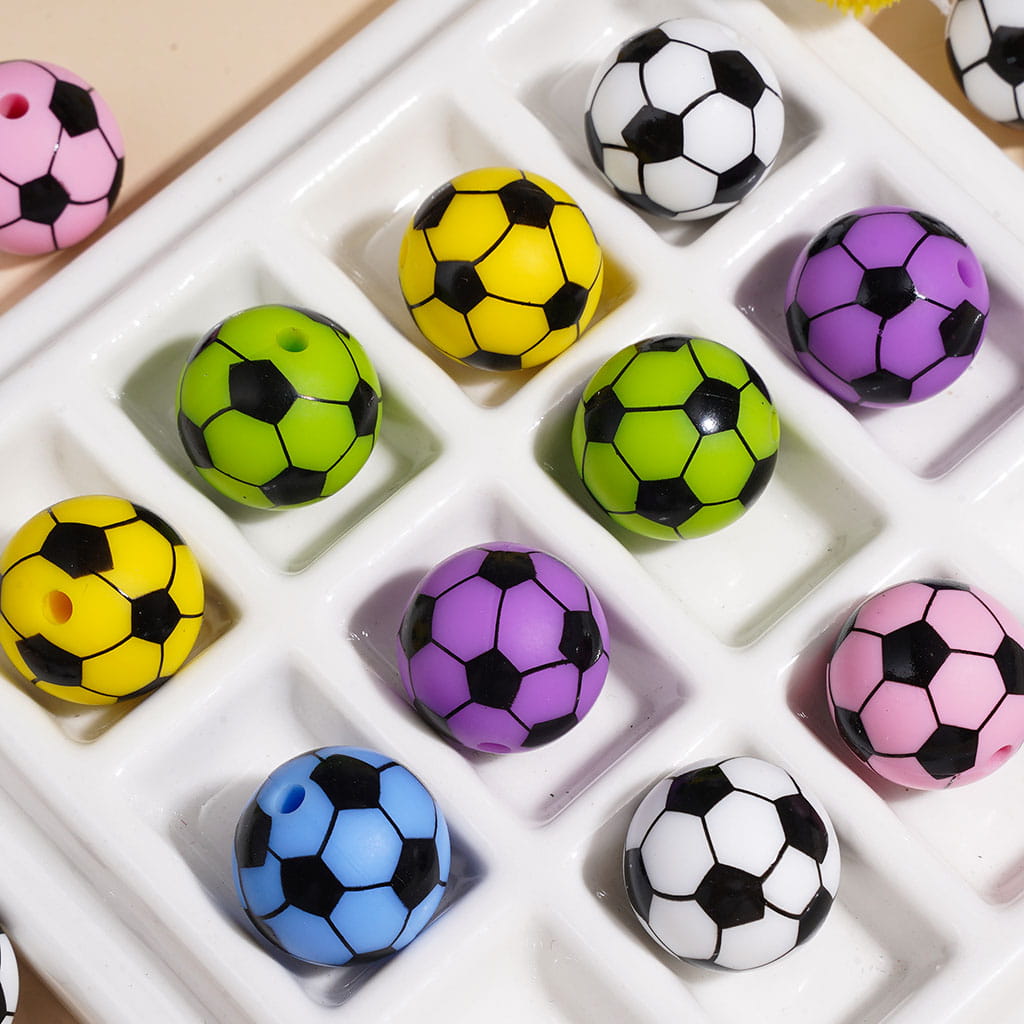 15MM - Printed Silicone Beads Soccer Ball Football Sports Theme, Multi-Color