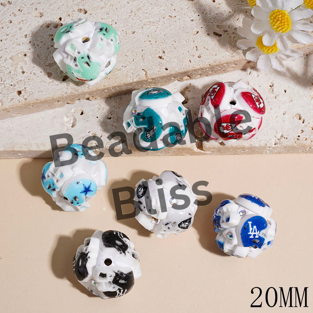 Clay Beads USA American Football Baseball Team Helmet Series and AB Rhinestones, 20MM Multi-Color Random Mix