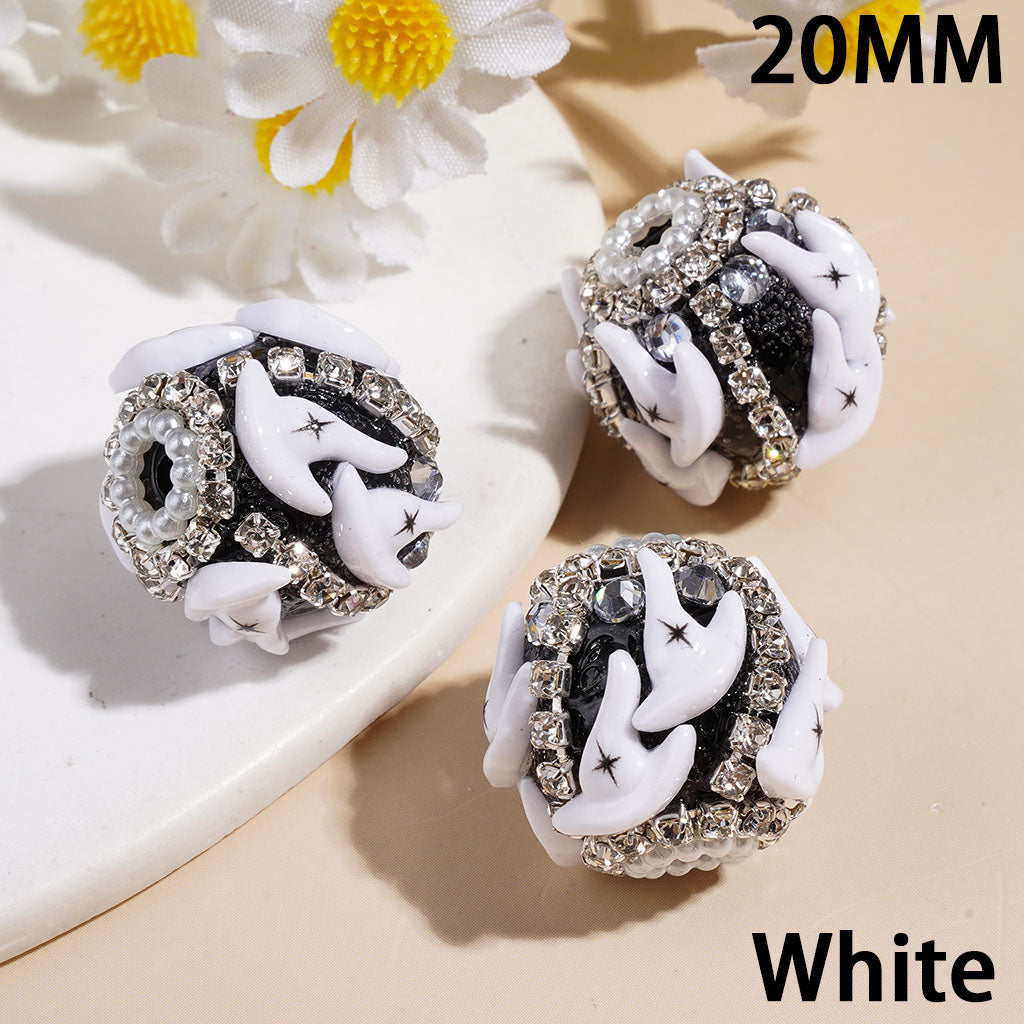 Handmade Acrylic Beads Black and White Wizard Hat with Cross Halloween Series, Clear Rhinestones and White Pearl Chains, 20MM
