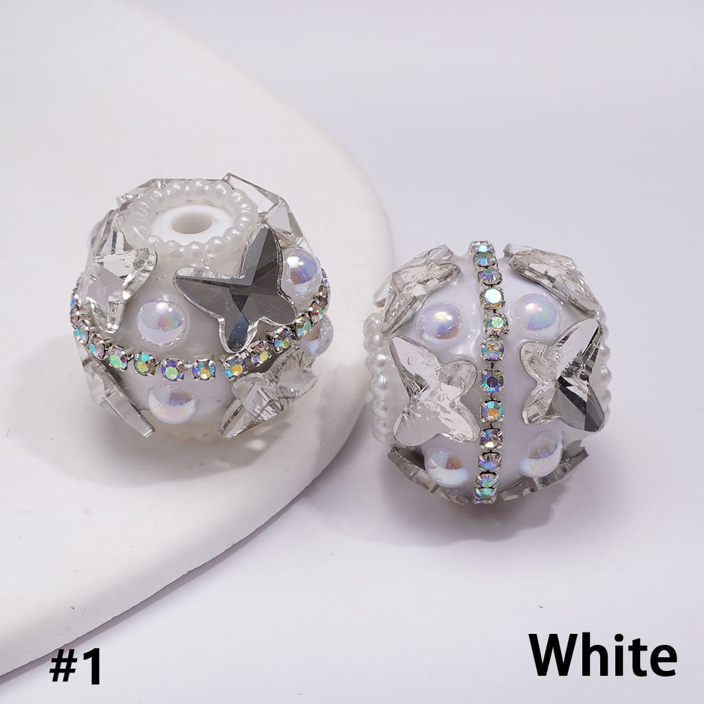Acrylic Beads with Butterfly Rhinestones and AB Rhinestone Chains, White Pearls, 20MM, Random Mix