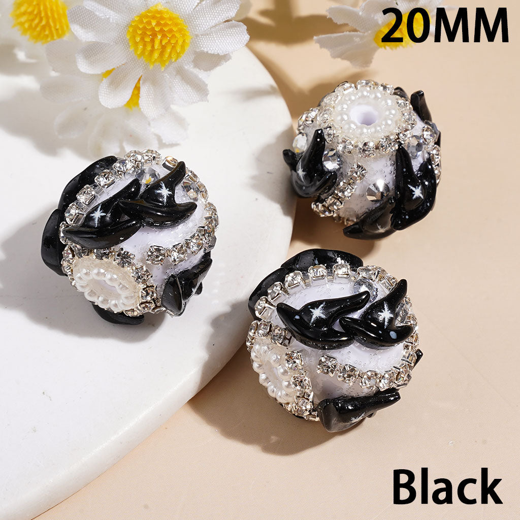 Handmade Acrylic Beads Black and White Wizard Hat with Cross Halloween Series, Clear Rhinestones and White Pearl Chains, 20MM