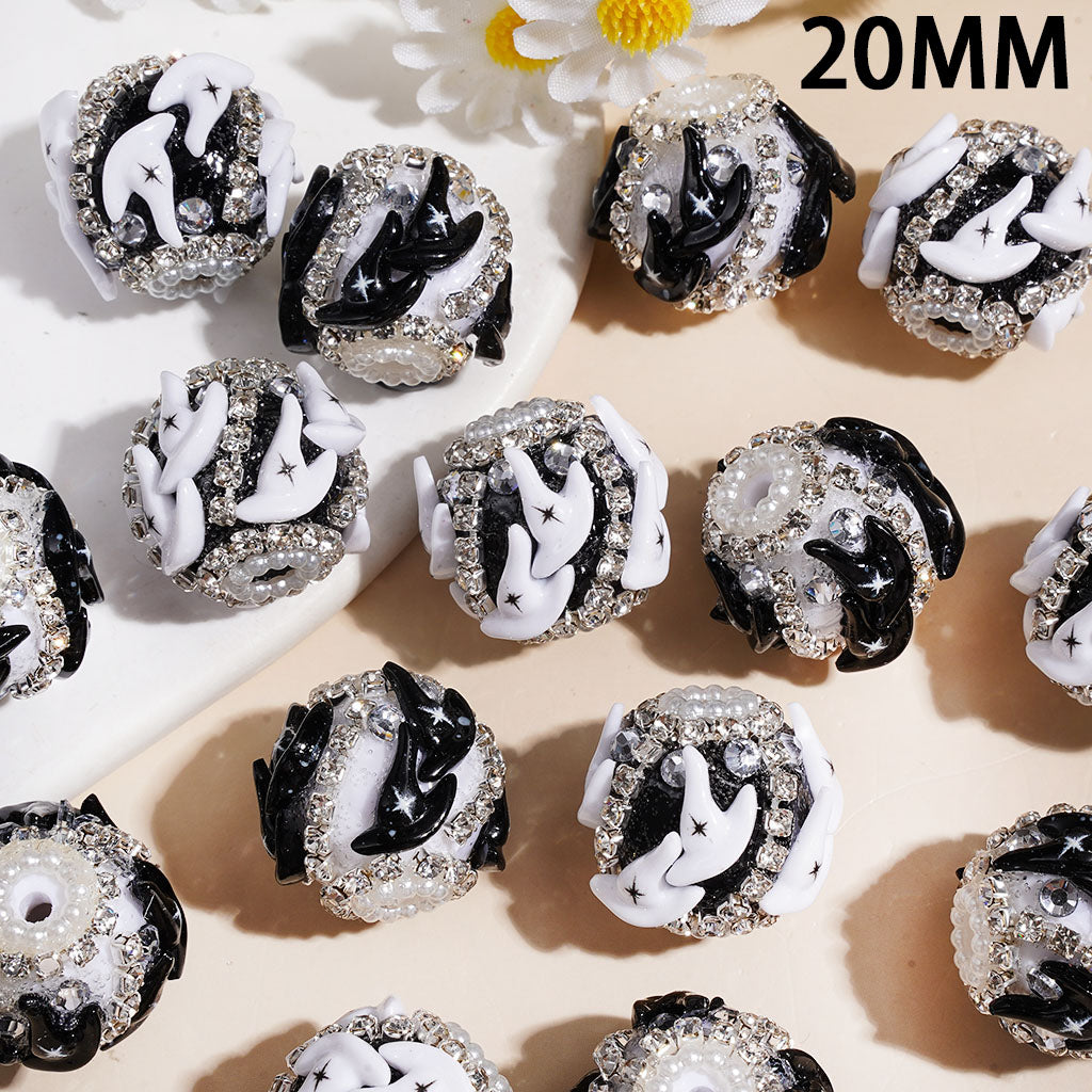 Handmade Acrylic Beads Black and White Wizard Hat with Cross Halloween Series, Clear Rhinestones and White Pearl Chains, 20MM