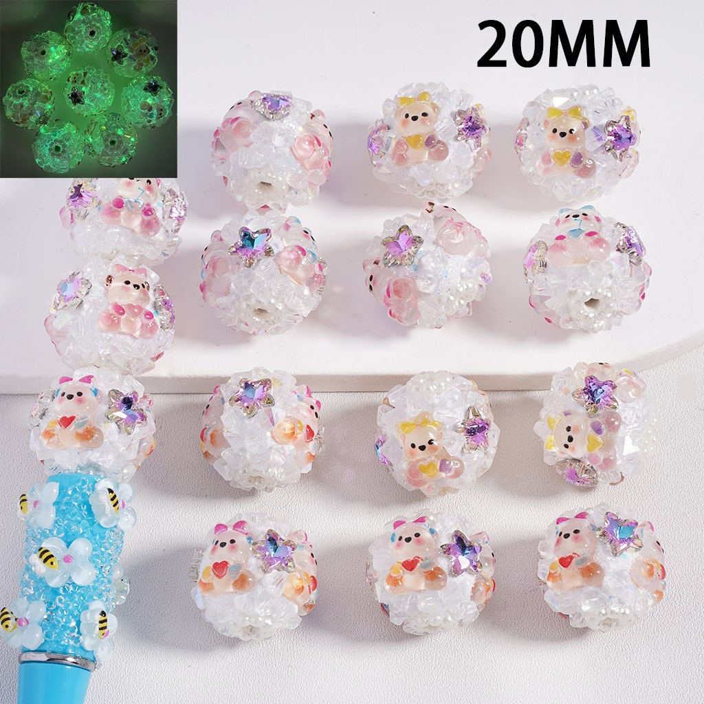 Clay Beads Luminous Cute Bear Shiny Rhinestones Stars White Pearls, 20MM, Random Mix