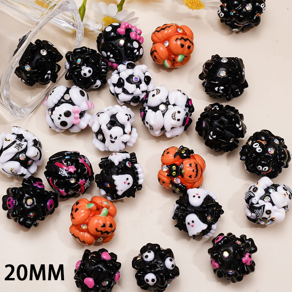 Clay Beads with Halloween Ghost Pumpkin Black Kitten Character Series and AB Rhinestones, 20MM, Random Mix