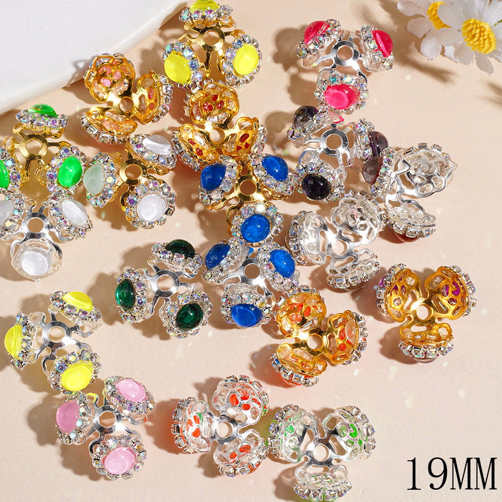 Alloy Bead Cap Cage with Half-Shell Rhinestones & AB Rhinestones Chains, 19MM Gold & Silver (They Fit 14MM Beads)