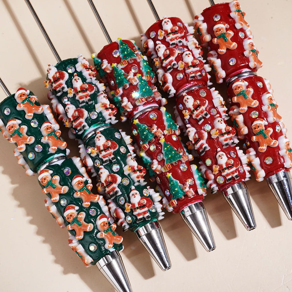 Gingerbread Man Santa Claus Tree and AB Rhinestones Beadable Clay Pens, Christmas Series, Random Mix, Red Green Base