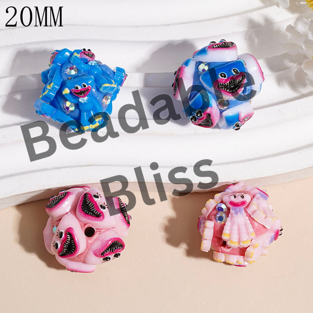 Clay Beads with Big Mouth Villain Doll, AB Rhinestones, 20MM, Pink and Blue, Random Mix